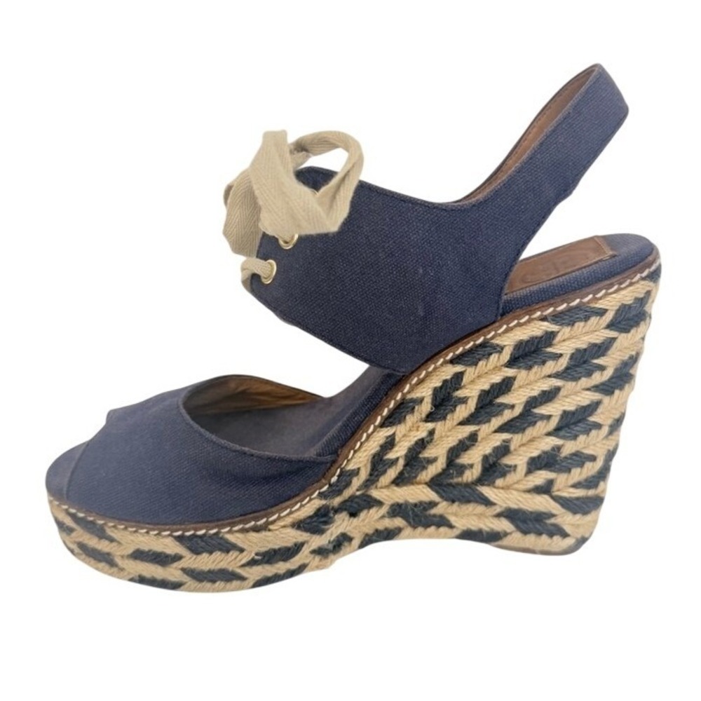 Tory Burch Navy Blue Canvas Espadrille 5 inch Wedge Sandals Slingback Peep Toe